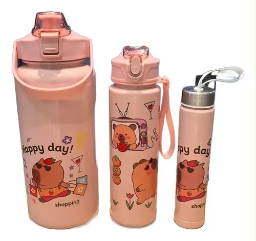 Lot de 3 Bouteilles Isothermes Capybara – Gourde Thermos Enfant &amp; Famille