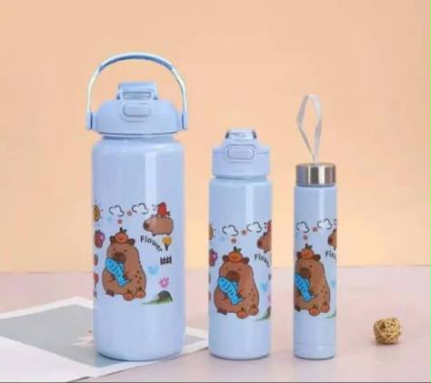 Lot de 3 Bouteilles Isothermes Capybara – Gourde Thermos Enfant &amp; Famille