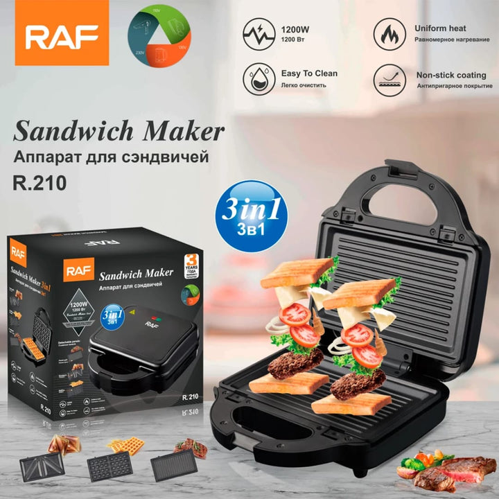 Appareil Sandwich Maker 3-en-1 RAF R.210 – Croque-Monsieur, Gaufres &amp; Grill 1200W