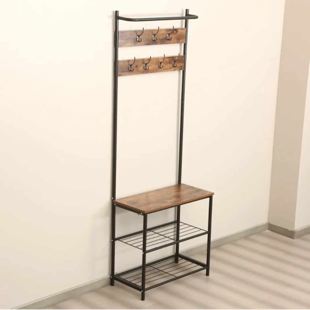 Meuble Entrée Industriel avec Porte-Manteaux et Étagères à Chaussures – 180,5 cm | La Boutique Secrète