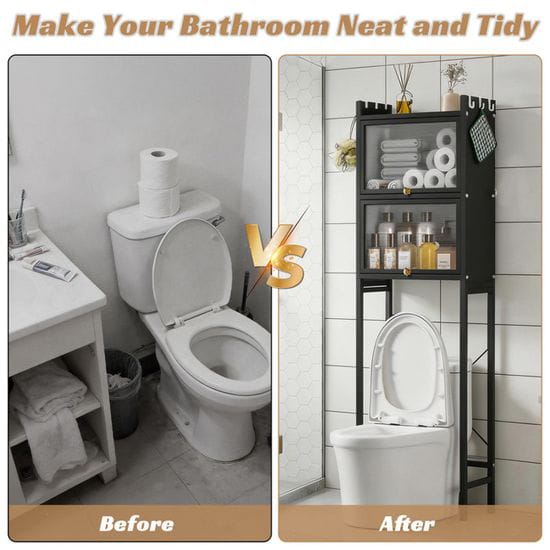 Étagère Salle de Bain au-Dessus des Toilettes – Rangement WC 3 Niveaux Sans Perçage | Noir