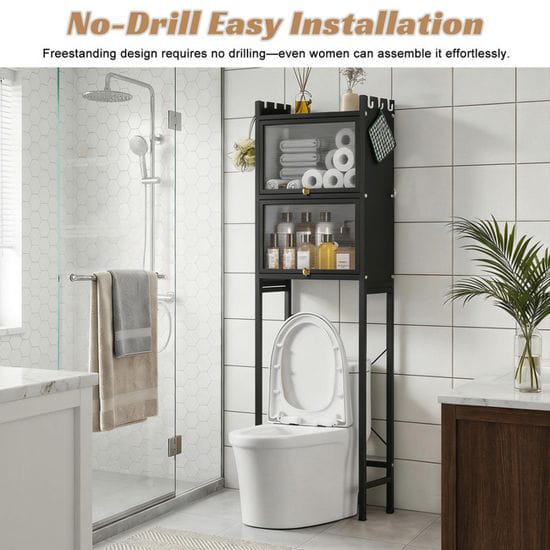 Étagère Salle de Bain au-Dessus des Toilettes – Rangement WC 3 Niveaux Sans Perçage | Noir