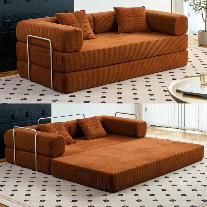 Canapé-Lit Convertible Compressé Côtelé 2-en-1 — Sofa Dépliant avec Accoudoirs &amp; Coussins | Gris / Terracotta