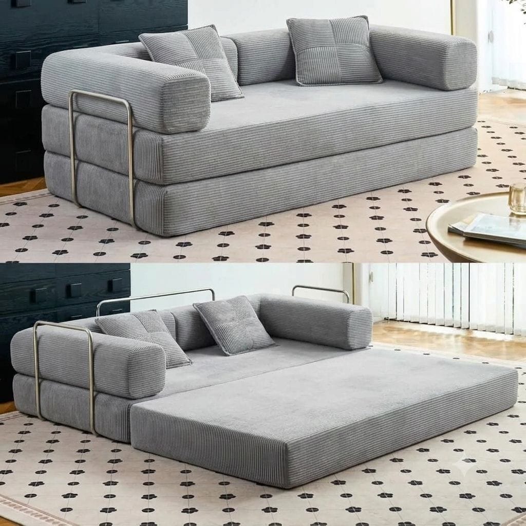 Canapé-Lit Convertible Compressé Côtelé 2-en-1 — Sofa Dépliant avec Accoudoirs &amp; Coussins | Gris / Terracotta