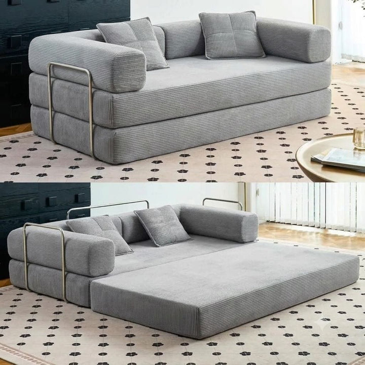 Canapé-Lit Convertible Compressé Côtelé 2-en-1 — Sofa Dépliant avec Accoudoirs &amp; Coussins | Gris / Terracotta