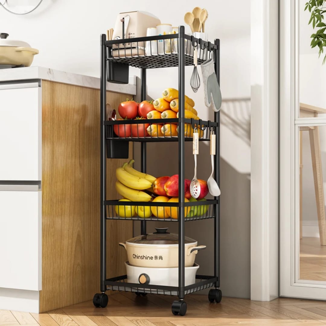 Étagère de Rangement Mobile 4 Niveaux – Structure Métal Noir avec Roulettes