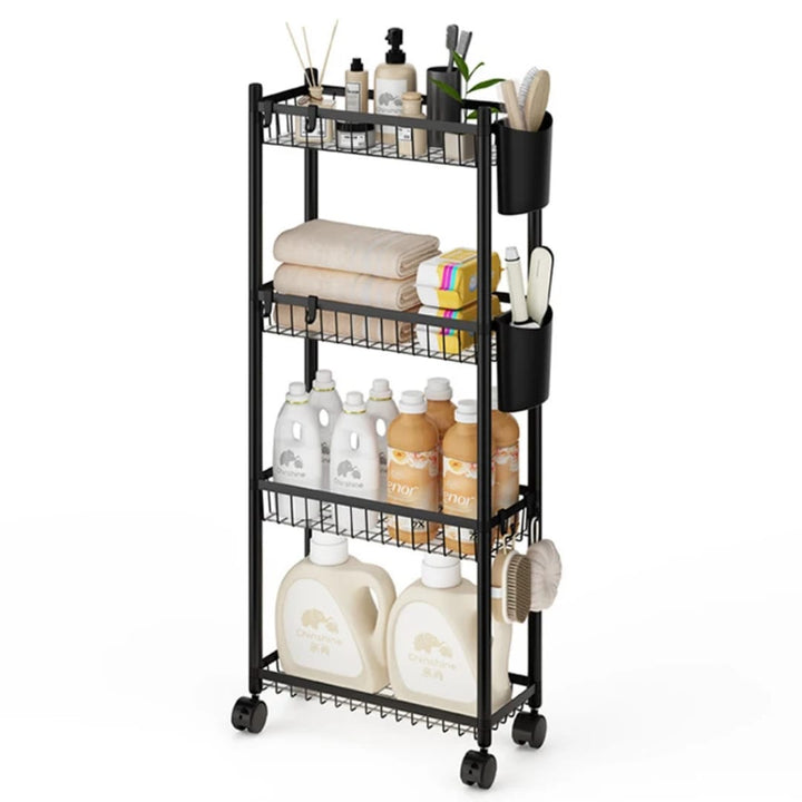 Étagère de Rangement Mobile 4 Niveaux – Structure Métal Noir avec Roulettes