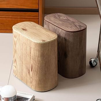 Poubelle Design Effet Bois avec Couvercle – Double Cylindre Facile à Nettoyer