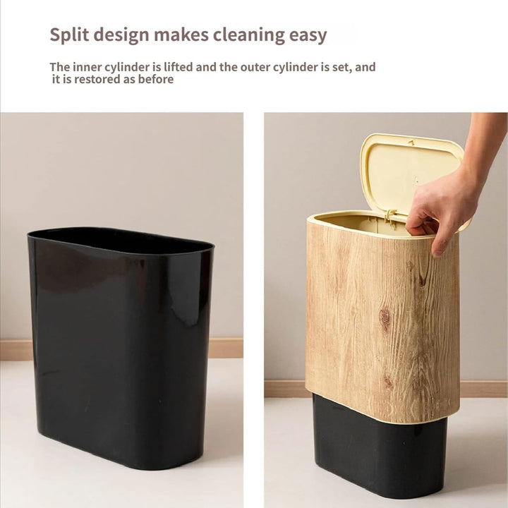 Poubelle Design Effet Bois avec Couvercle – Double Cylindre Facile à Nettoyer