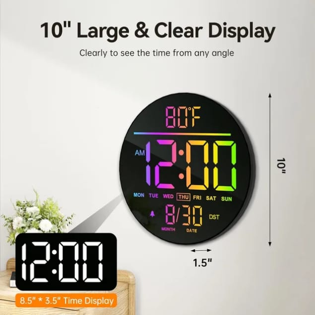 Horloge Murale Digitale LED 10" avec Télécommande – Affichage Température &amp; Date