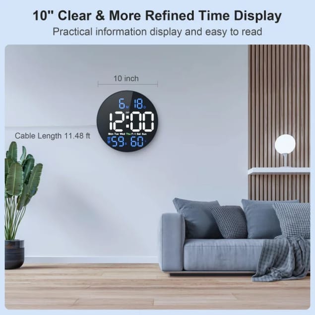 Horloge Murale Digitale LED 10" avec Télécommande – Affichage Température &amp; Date