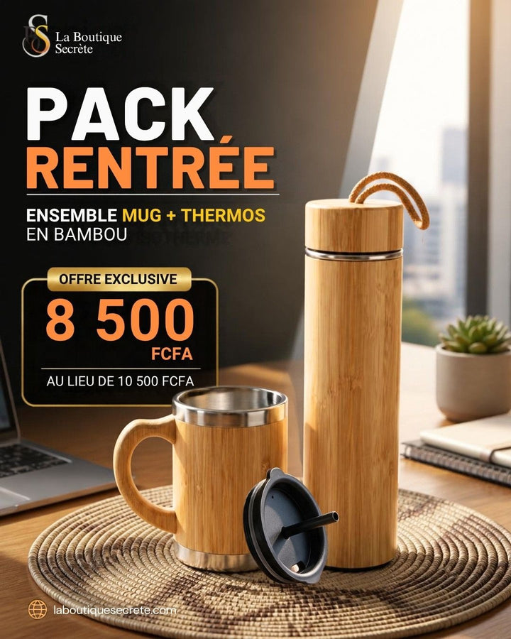 Pack thermos en bambou + mug assorti