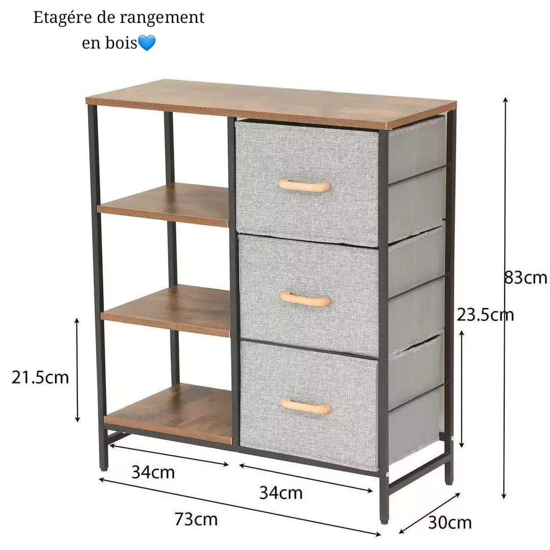 Étagère de rangement avec 3 tiroirs et 3 niveaux – 73 cm