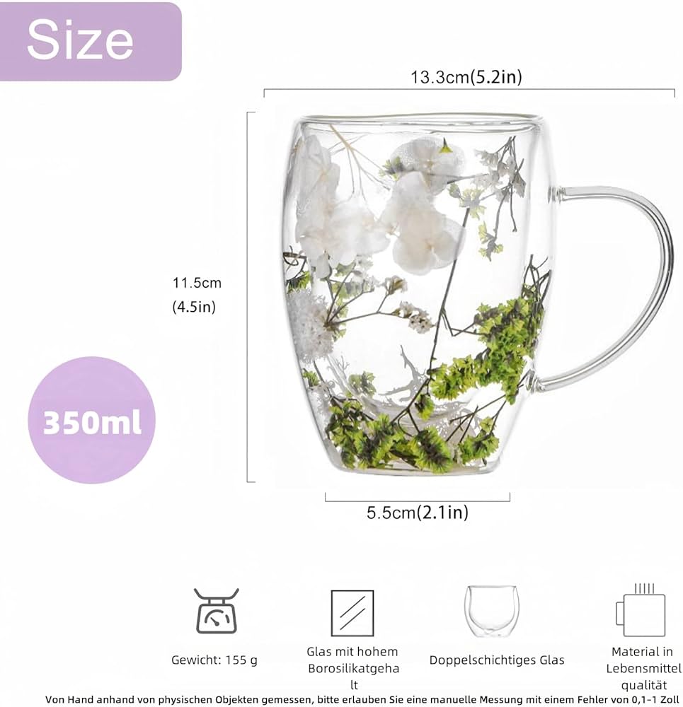 Tasse Double Paroi Fleurs Séchées 350ml – Verre Borosilicate Premium