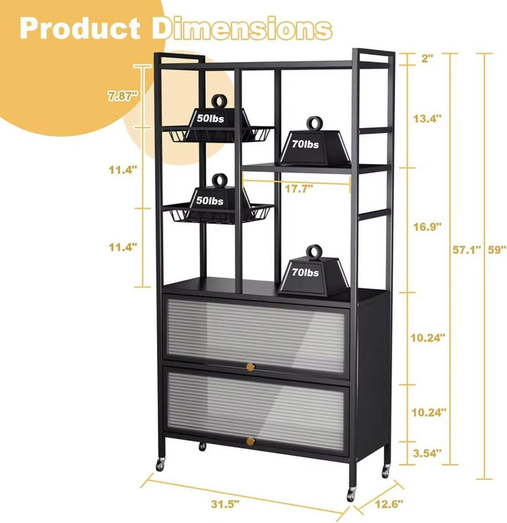Étagère Bibliothèque à Roulettes avec 2 Tiroirs – 5 Niveaux | 80 kg
