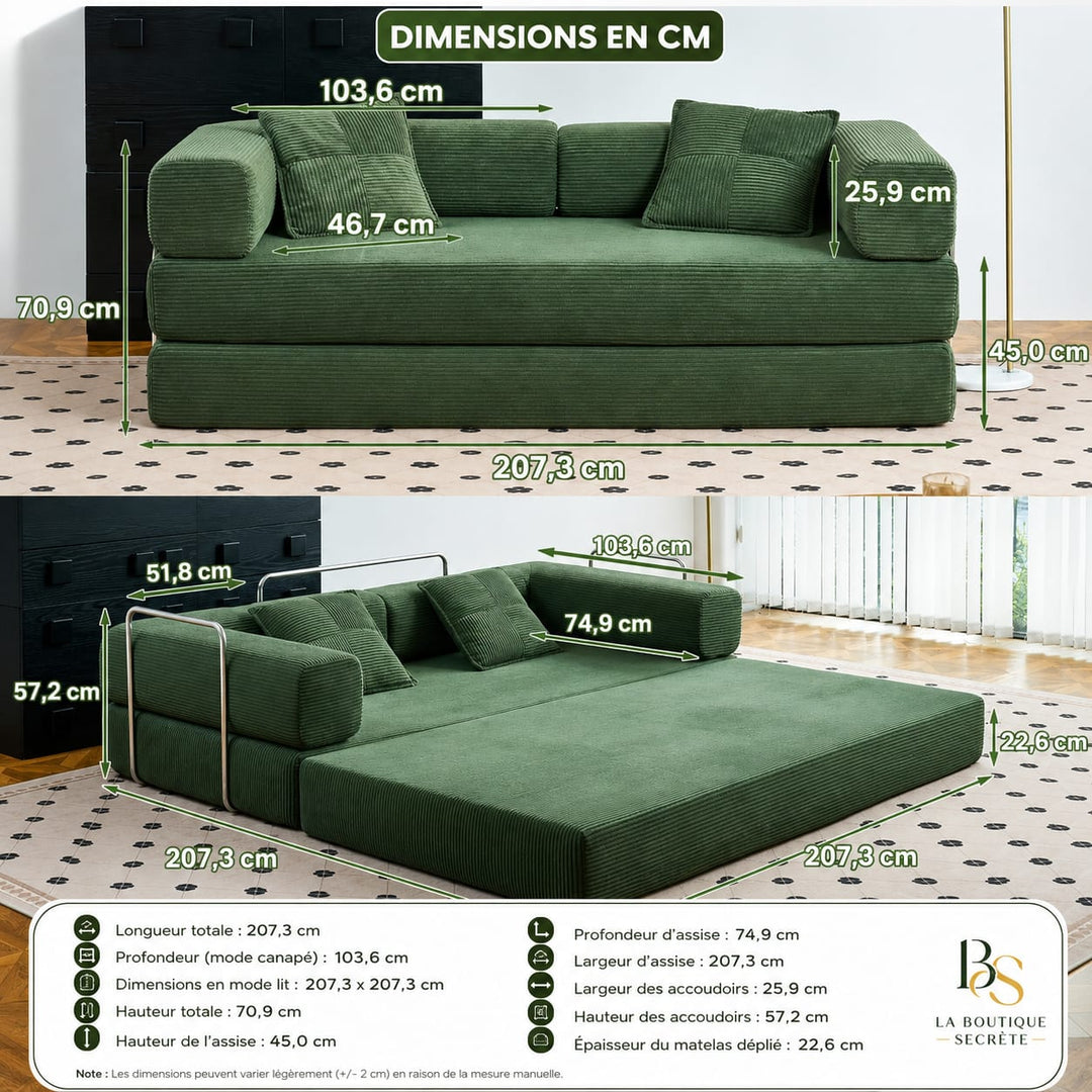 Canapé-Lit Convertible Compressé Côtelé 2-en-1 — Sofa Dépliant avec Accoudoirs &amp; Coussins | Gris / Terracotta