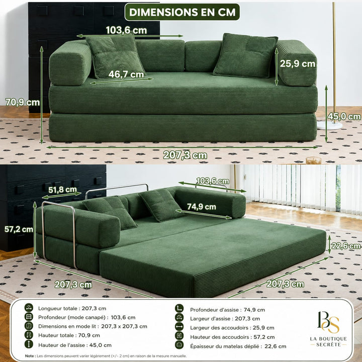 Canapé-Lit Convertible Compressé Côtelé 2-en-1 — Sofa Dépliant avec Accoudoirs &amp; Coussins | Gris / Terracotta