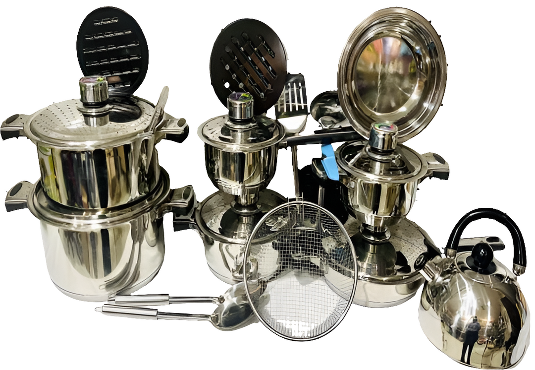 Set  de cuisine 27 pièces en inox – Casseroles, poêle, bouilloire et ustensiles complets