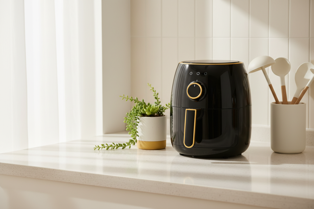 Bannière e-commerce pour catégorie Air Fryer. Cuisine moderne lumineuse, plan de travail beige clair, arrière-plan crème/blanc cassé. Air fryer noir élégant au centre, rendu photo ultra réaliste. Petite décoration (plante verte, accessoires cuisine) avec touches jaune-or (golden yellow) harmonisées avec un site Shopify. Style premium minimaliste, lumière douce naturelle, haute résolution, espace vide pour texte en bas à gauche. Format large 16:9, 4K.