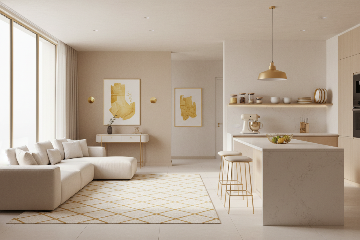 Bannière hero pour site e-commerce Shopify ‘La Boutique Secrète’ au Sénégal. Intérieur moderne salon + cuisine ouverte, style minimaliste premium. Couleurs dominantes : beige clair, crème, blanc cassé, avec touches jaune-or (golden yellow) inspirées d’une marque e-commerce. Ambiance chaleureuse, familiale, luxe discret. Produits maison subtils : rangement cuisine, accessoires cuisine, petit électroménager moderne. Lumière naturelle douce, ultra réaliste, photo professionnelle. Composition marketing : grand 