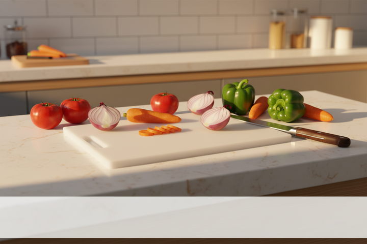 Planche à découper blanche avec poignée entourée de légumes frais dans une cuisine sénégalaise