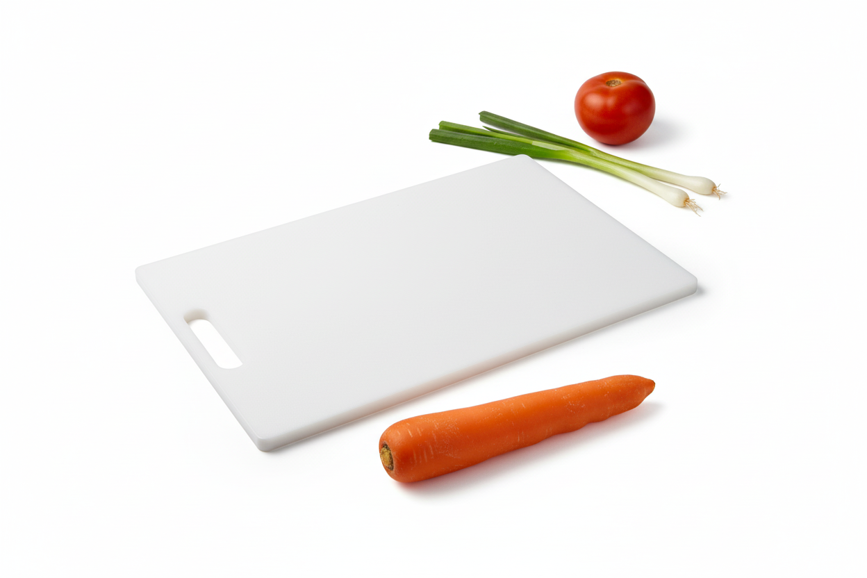 Planche à découper blanche avec poignée intégrée, fond blanc épuré, style studio professionnel