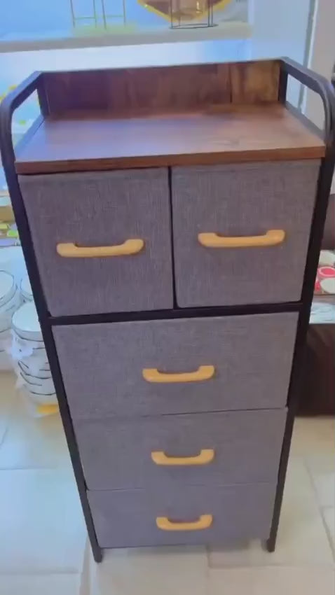 Commode 4 Tiroirs en Tissu avec Étagère – Rangement Chambre Style Industriel