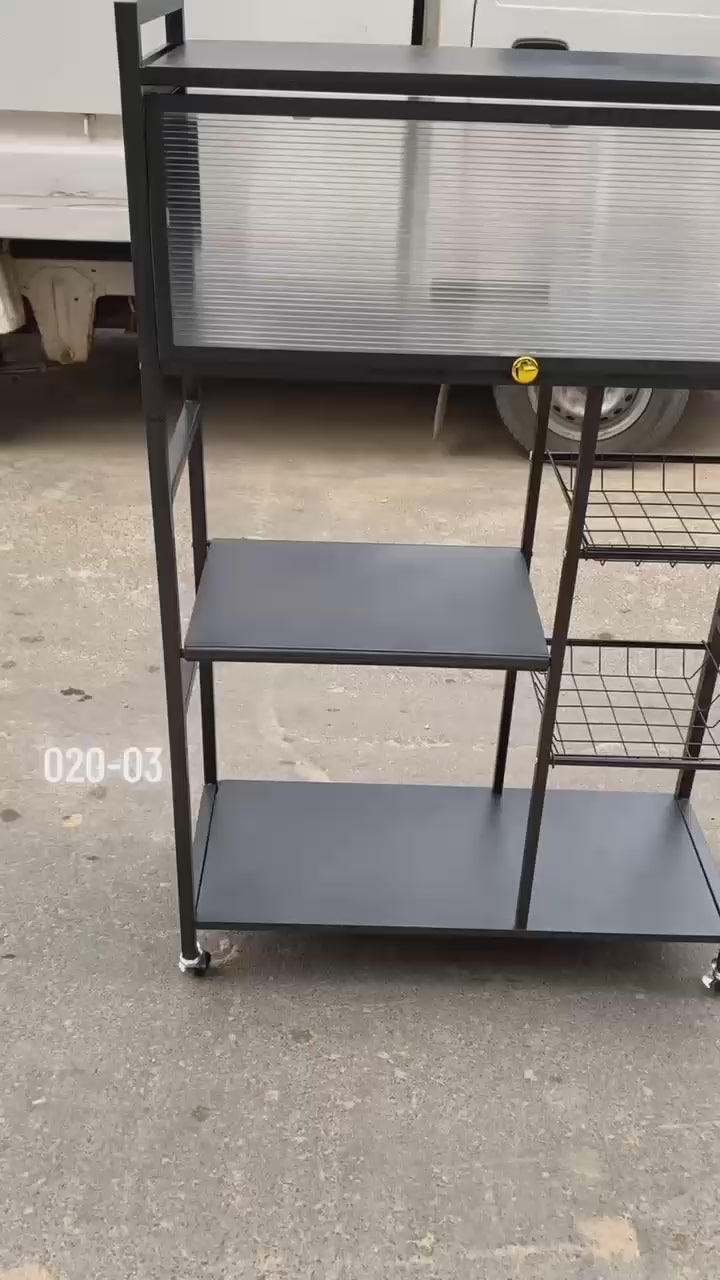 Chariot Étagère Cuisine sur Roulettes avec Vitrine Transparente – Rangement Multi-Niveaux Noir
