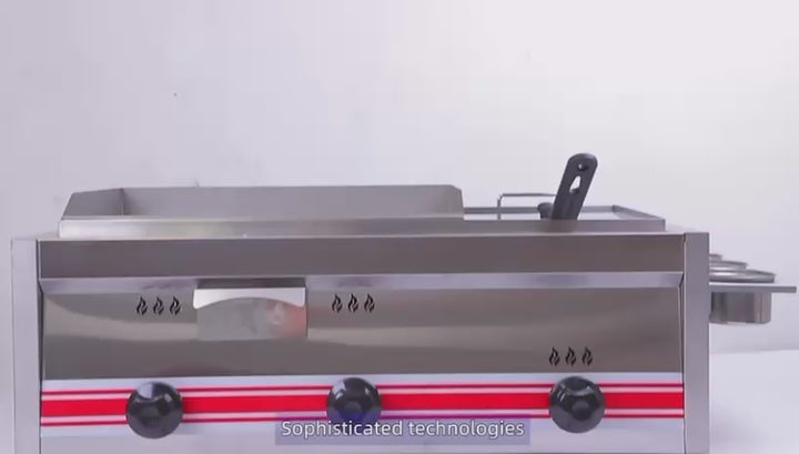 Plancha-friteuse à gaz multifonction avec supports latéraux en acier inoxydable