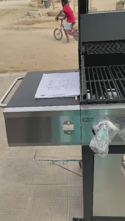 Barbecue à Gaz 6 Brûleurs avec Plancha et Rangement – Couvercle Inox, Roulettes, Tablettes Latérales