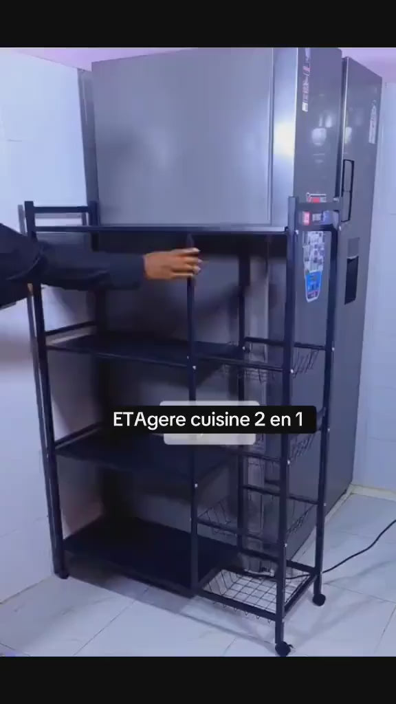 Étagère de Rangement Cuisine Multifonction à Roulettes – 3 Paniers + 3 Étagères Plates – Acier Noir – 80/90/120 cm