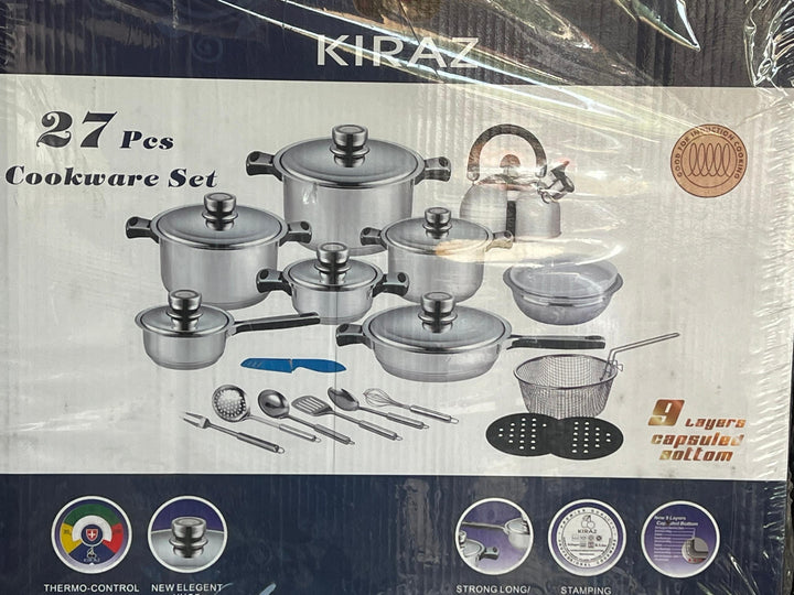 Set  de cuisine 27 pièces en inox – Casseroles, poêle, bouilloire et ustensiles complets