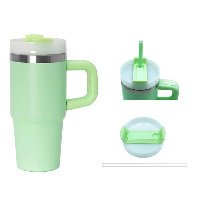 Gobelet Isotherme en Inox avec Anse et Paille  Couvercle Silicone Antifuite hauteur 18,3 cm largeur 12,1 cm