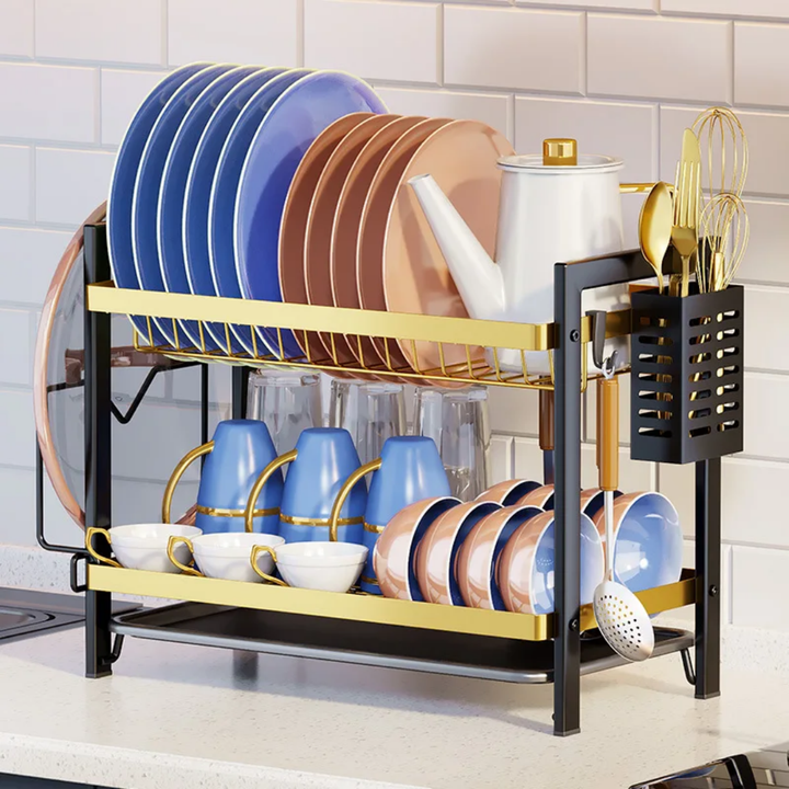Égouttoir à Vaisselle 2 Niveaux en Acier Inoxydable – Design Doré & Noir