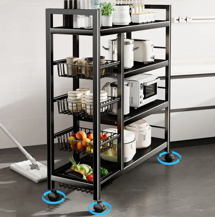 Étagère de Rangement Cuisine Multifonction à Roulettes – 4 Paniers + 3 Étagères Plates – Acier Noir – 80/90/120 cm