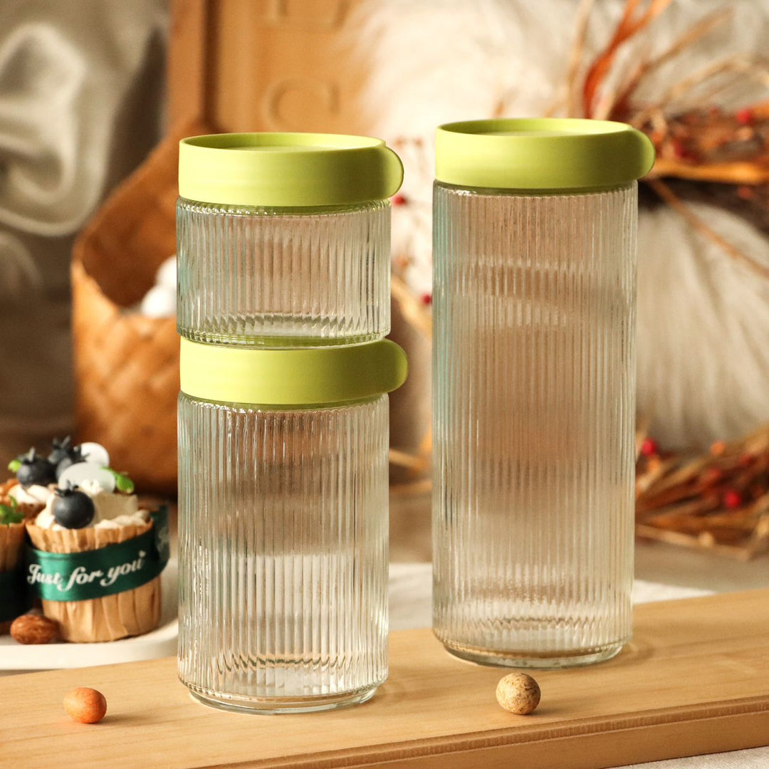 Bocaux en Verre Rainuré avec Couvercle Hermétique Vert – Élégance et Rangement Parfait