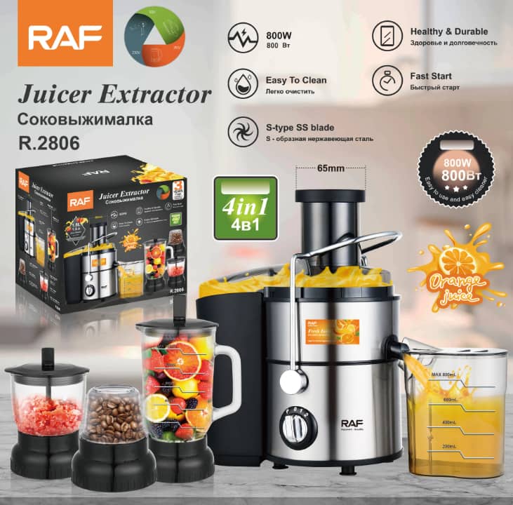Extracteur de Jus RAF 800W 4-en-1 – Centrifugeuse Électrique Fruits &amp; Légumes | Cuisine Sénégal