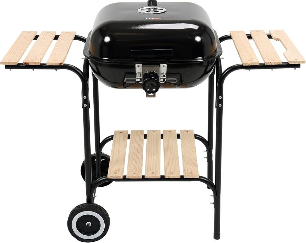Barbecue à Charbon sur Roulettes avec Tablettes Latérales en Bois – 96 cm