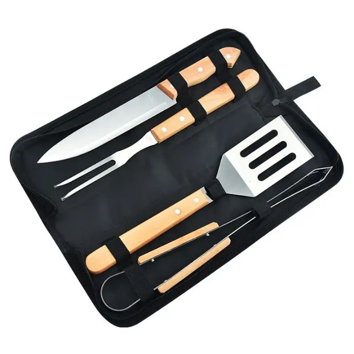 Kit Ustensiles Barbecue 4 Pièces avec Manche en Bois – Spatule, Pince, Couteau et Fourchette + Étui