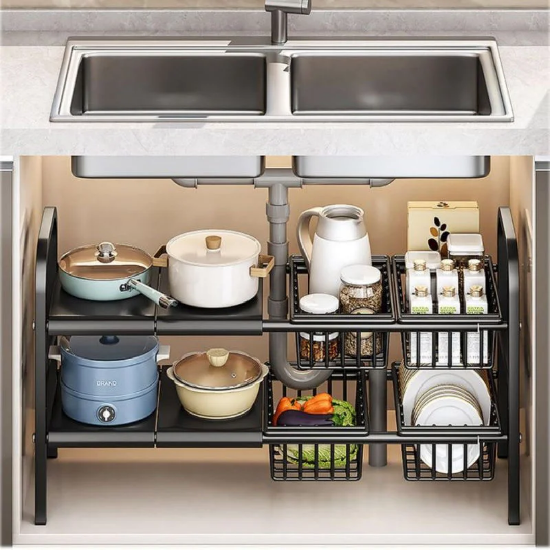 Étagère Sous-Évier 2 Niveaux avec Paniers Coulissants – Rangement Cuisine Gain de Place