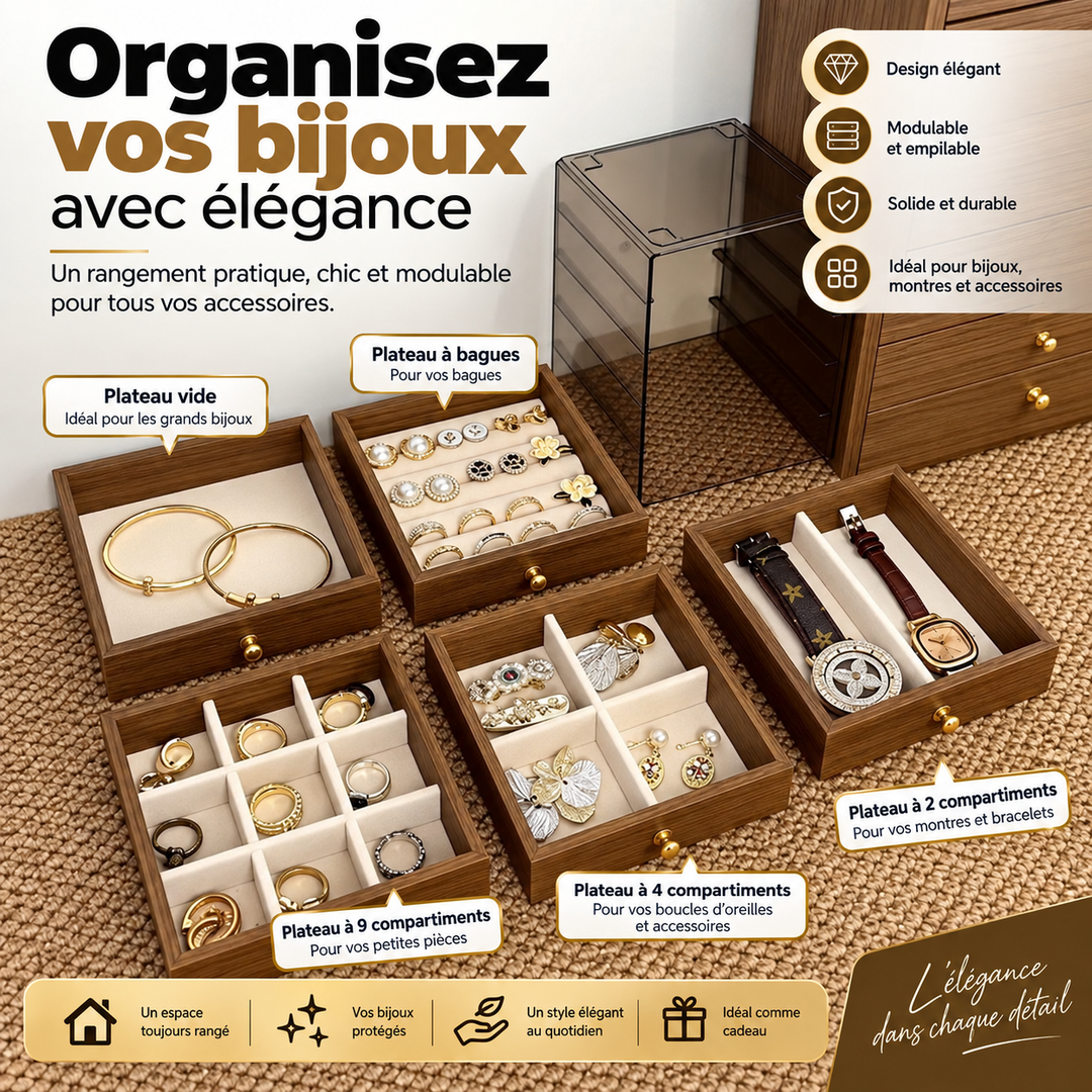 Organisateur à Bijoux Modulable 5 Tiroirs – Rangement Élégant Bagues Montres Boucles d&