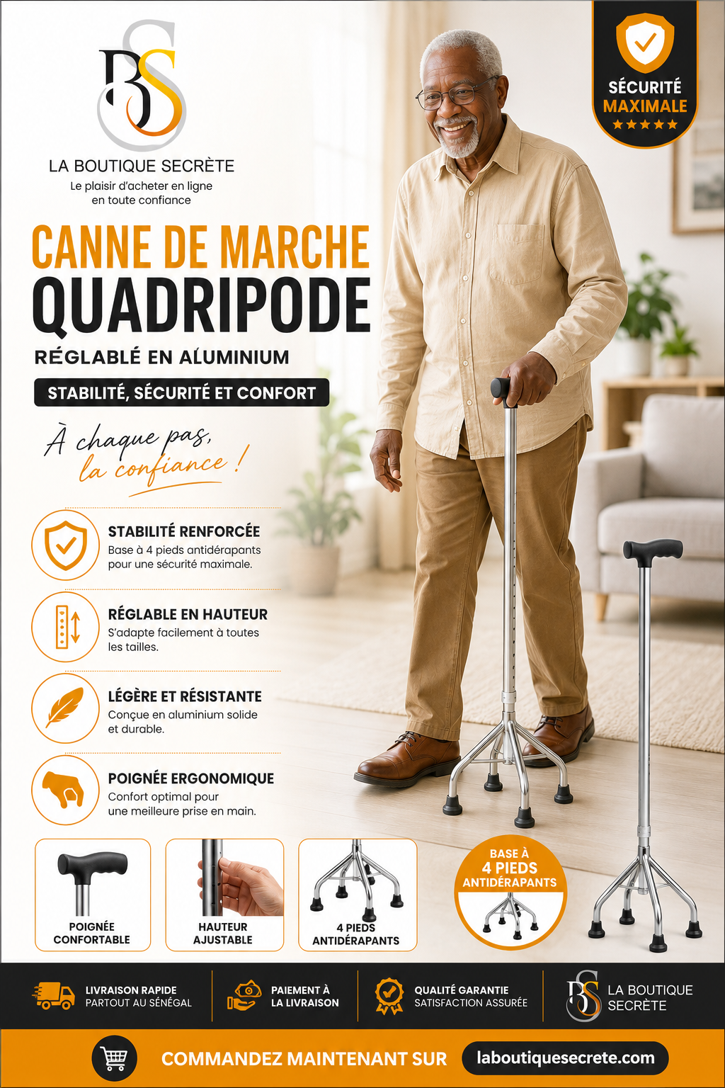 Canne de Marche Quadripode Réglable en Aluminium – Stabilité &amp; Sécurité au Quotidien