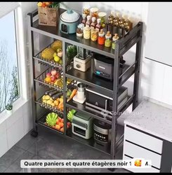 Étagère de Rangement Cuisine Multifonction à Roulettes – 3 Paniers + 3 Étagères Plates – Acier Noir – 80/90/120 cm