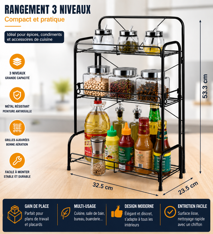 Étagère de Rangement 3 Niveaux – Métal Multifonction | Cuisine, Salle de Bain &amp; Bureau