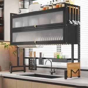 Égouttoir Évier Rangement Cuisine Inox – Support Vaisselle Anti-Poussière avec Armoire Vitrée
