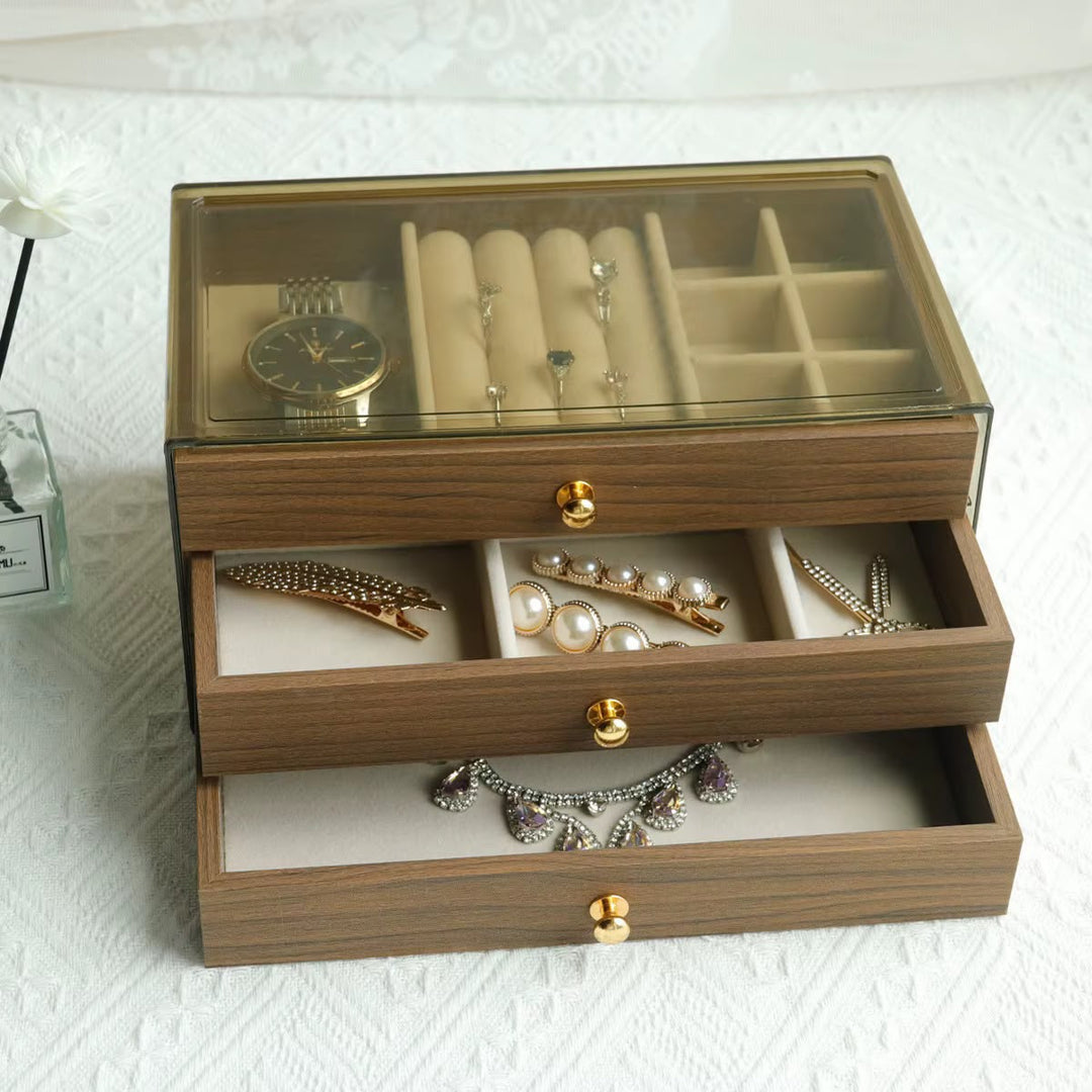 Boîte à bijoux 3 niveaux bois et verre avec tiroirs ouverts – vue de face