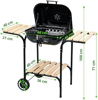 Barbecue à Charbon sur Roulettes avec Tablettes Latérales en Bois – 96 cm