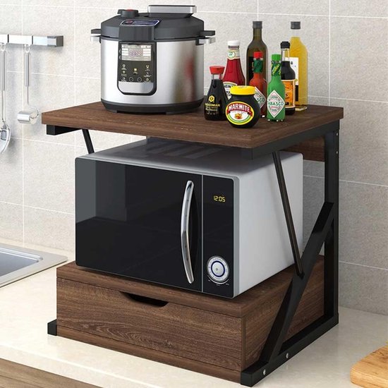 Étagère Cuisine 2 Niveaux avec Tiroir – Support Micro-Ondes &amp; Rangement Plan de Travail