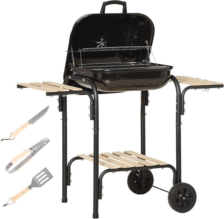 Barbecue à Charbon sur Roulettes avec Tablettes Latérales en Bois – 96 cm