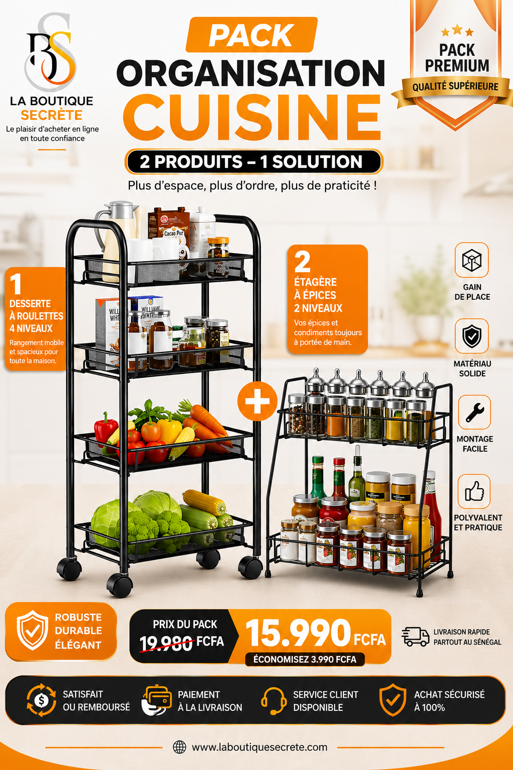 Pack Organisation Cuisine – Desserte à Roulettes 4 Niveaux + Étagère Épices 2 Niveaux